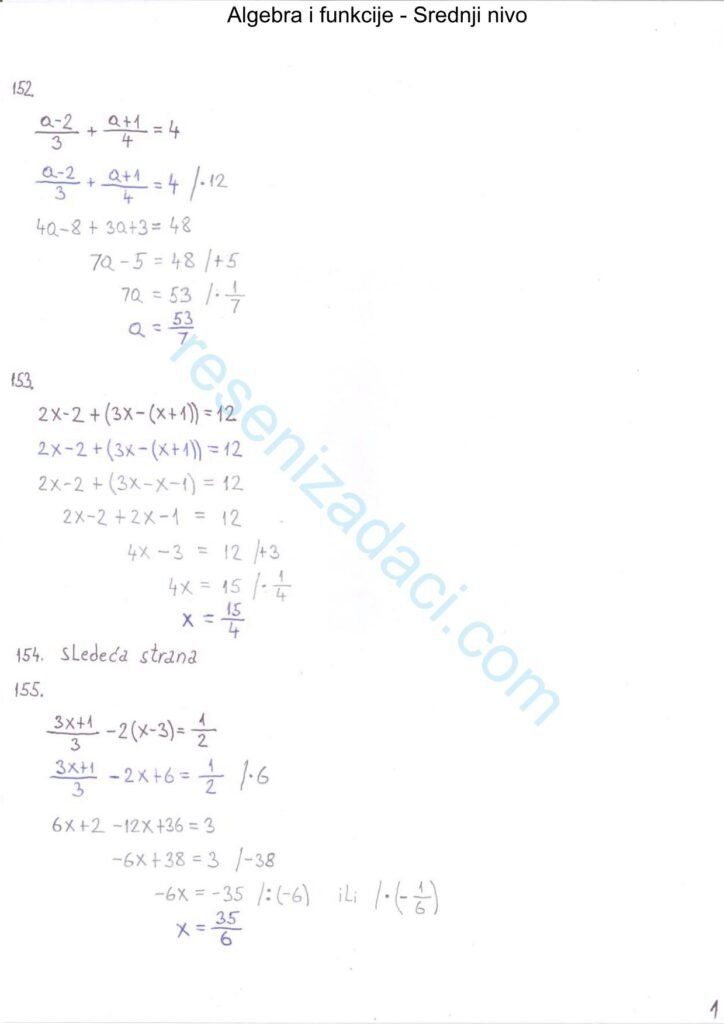 Algebra i funkcije - Srednji nivo