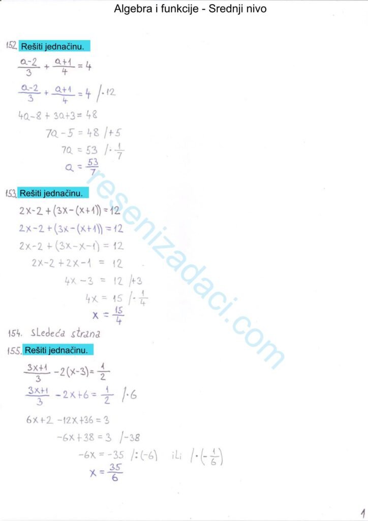 Algebra i funkcije Srednji nivo 1