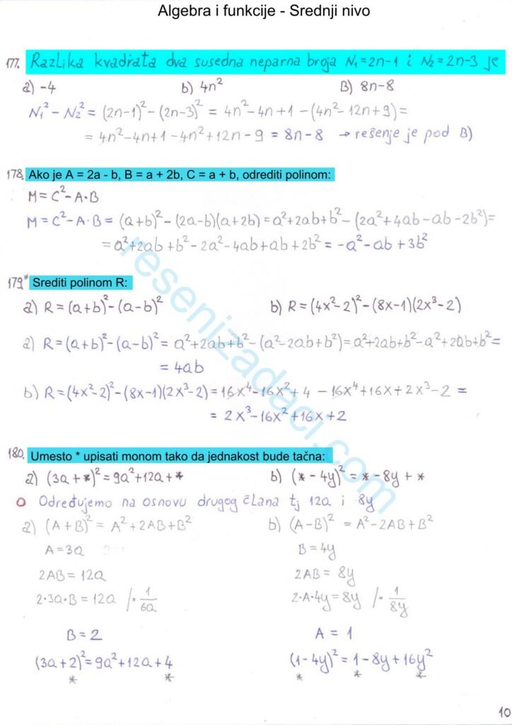 Algebra i funkcije Srednji nivo 10