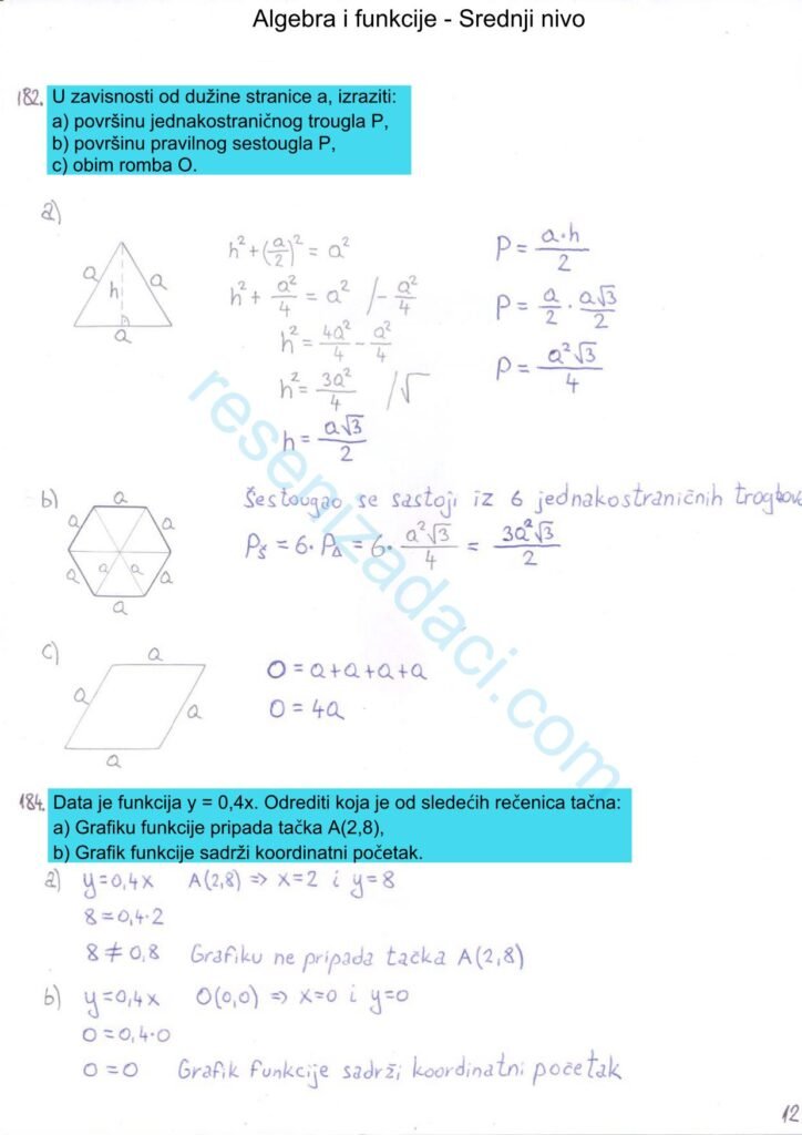 Algebra i funkcije Srednji nivo 12