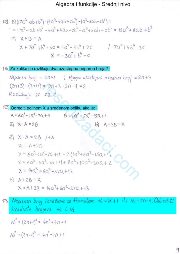 Algebra i funkcije Srednji nivo 9